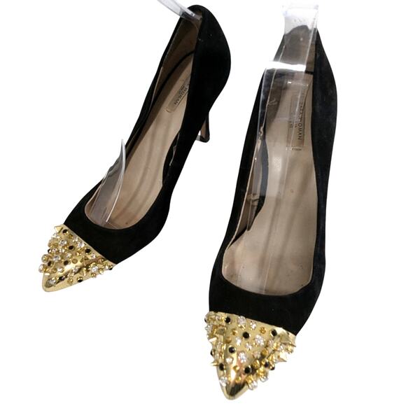 ZARA WOMAN! BLACK GENUINE SUEDE LEATHER GOLD/RHINESTONE TOE HEELS! SZ 9.5M - Picture 10 of 10